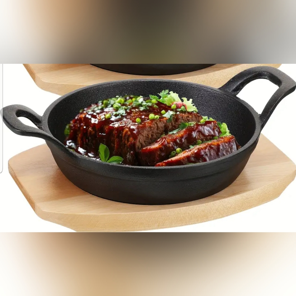 1 Double Handle Cast Iron Skillet & Wooden Tray Set - NWOB - Picture 7 of 10